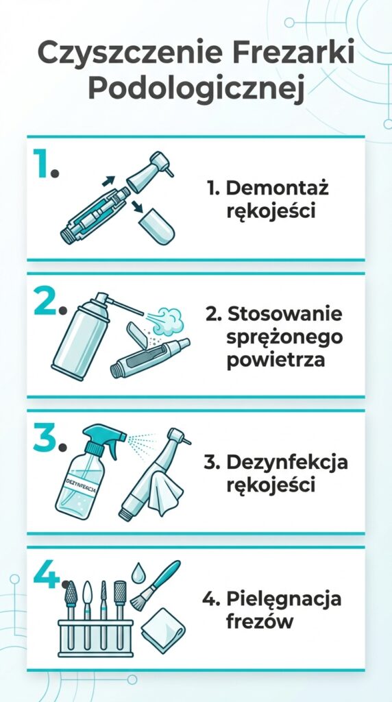 4 kroki czyszczenia i konserwacji rękojeści oraz frezów podologicznych.