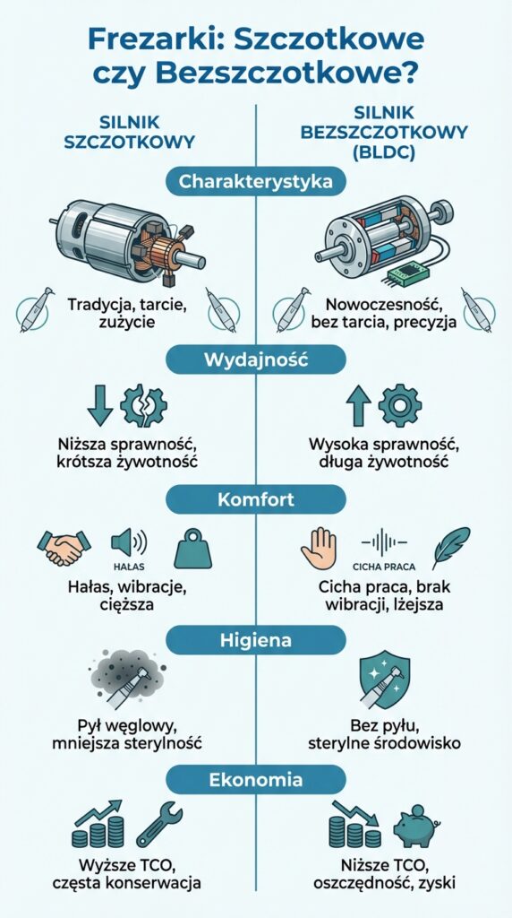 Porównanie silników frezarek: szczotkowy vs bezszczotkowy BLDC – wydajność i higiena.