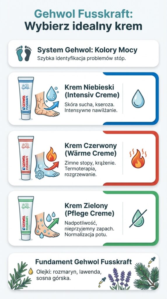 System kolorów Gehwol Fusskraft: niebieski (nawilżanie), czerwony (rozgrzewanie), zielony (pot).