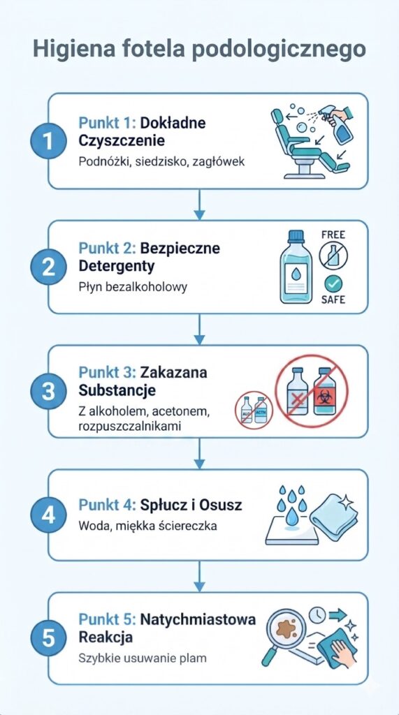 Instrukcja higieny fotela podologicznego: bezpieczne detergenty i etapy czyszczenia.