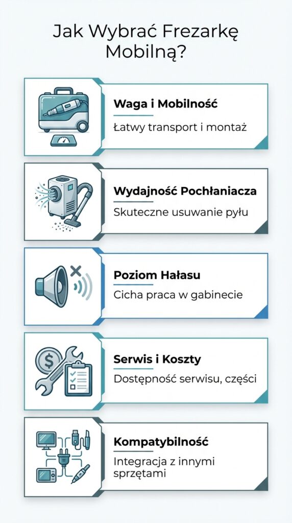 Cechy idealnej frezarki mobilnej: waga, głośność i wydajność pochłaniacza.