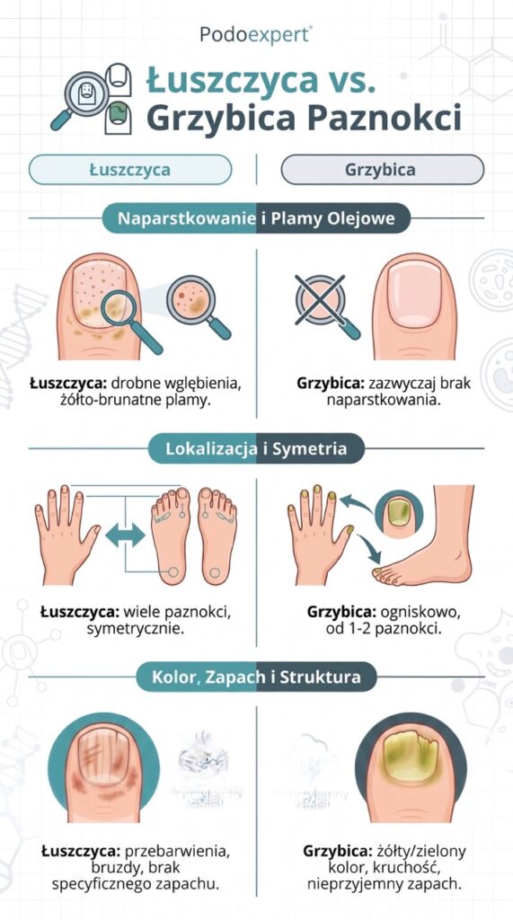 Porównanie objawów łuszczycy i grzybicy paznokci – infografika Podoexpert.