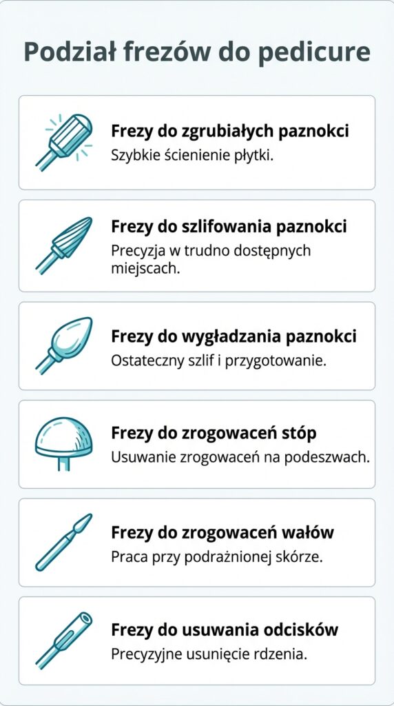 Klasyfikacja frezów do pedicure ze względu na ich zastosowanie i funkcję.