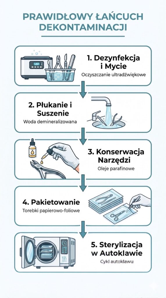 5 etapów dekontaminacji narzędzi: od mycia po sterylizację w autoklawie.