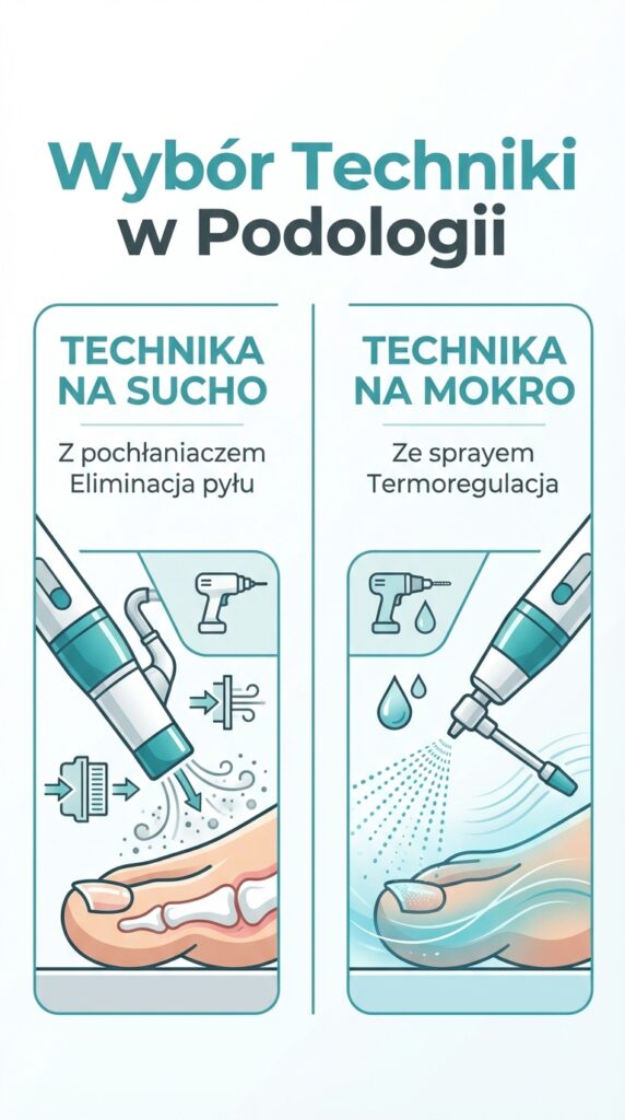 Porównanie techniki pracy na sucho (pochłaniacz) i na mokro (spray) w podologii.