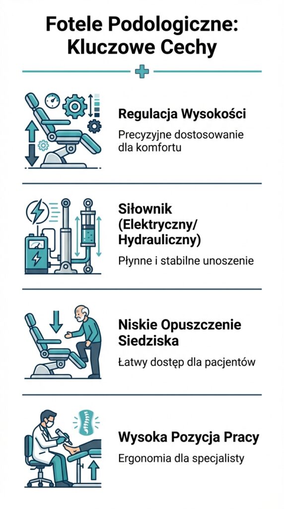 Najważniejsze cechy fotela podologicznego: regulacja, siłownik i ergonomia.